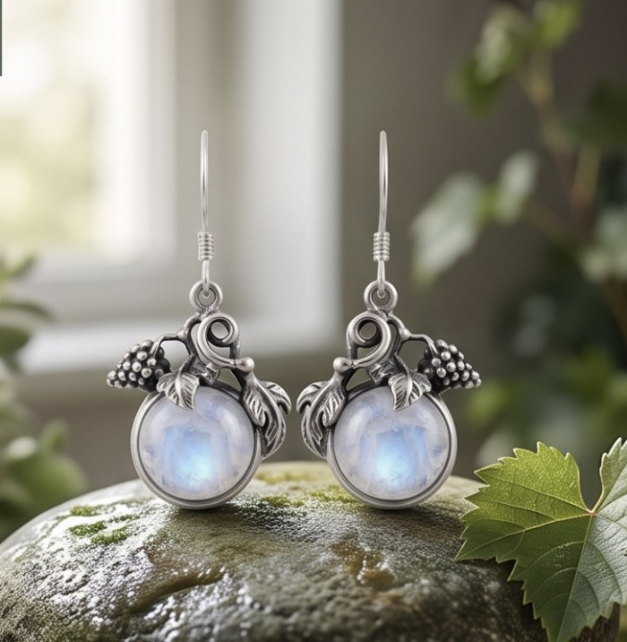 Moonlight Authentic 11.2 carat Fire Moonstone .925 Sterling Silver handmade Satement earrings - Moonstone earrings front view with leaf and grape detail in natural light