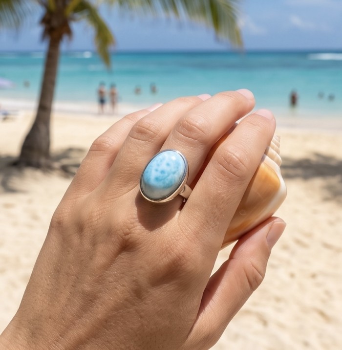 Blue Perfection 22.9 carat natural Larimar .925 Sterling Silver handmade Large ring size 7 adjustable - Close-up of Blue Perfection Larimar ring worn on hand at beach.