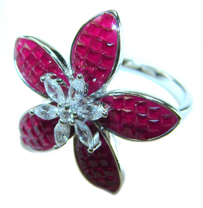 Luxurious Flower 12.5 carat natural Ruby .925 Sterling Silver handcrafted Ring size 7 - Flower ring close-up showing rubies and diamonds on sterling silver.