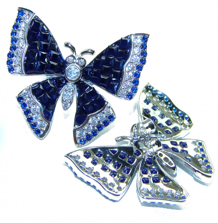 Magnificent Jewel Sapphire Butterflies .925 Sterling Silver handcrafted incredible earrings - Butterfly jewelry front view with sapphire and silver details.
