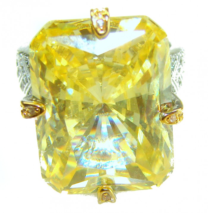 Solid 35.8 carat Genuine Yellow Sapphire 2 tones .925 Sterling Silver handcrafted ring size 7 adjustable - Close-up of 35.8 carat yellow sapphire ring with detailed prongs.