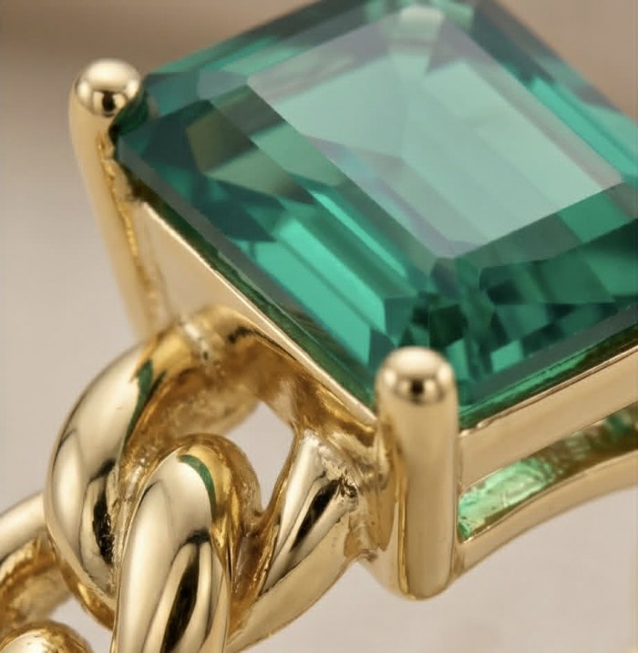 4.9 carat natural Colombian Emerald .925 Sterling Silver handmade Statement Ring size 7 - Close-up of emerald set in gold-tone linked band.