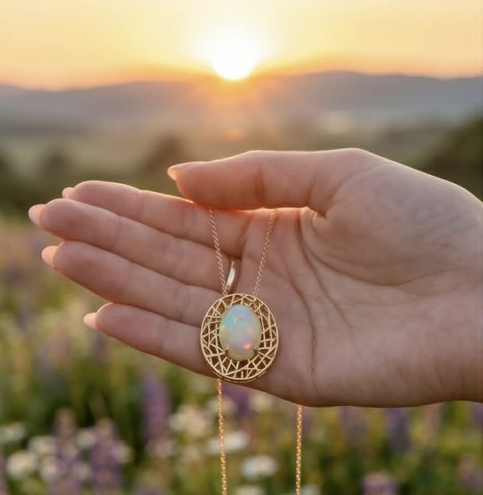 Earth Treasure Authentic 16.8 carat Golden Ethiopian Opal 22K Gold over .925 Sterling Silver handcrafted Statament Necklace - Hand holding Ethiopian opal pendant at sunset, front view.