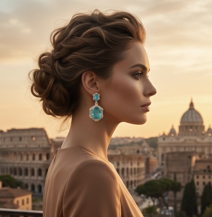 Eau Pure 10.5 carat AQUAMARINE 14K Gold over .925 Sterling Silver Handcrafted Earrings - Side view of woman wearing aquamarine earrings, sunset cityscape behind.