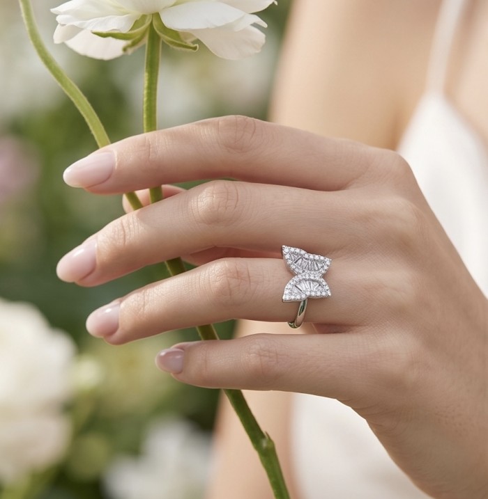White Butterfly natural 2.5 carat Topaz .925 Sterling Silver handmade Ring size 8 1/4 - Butterfly topaz ring worn on hand holding a white rose.