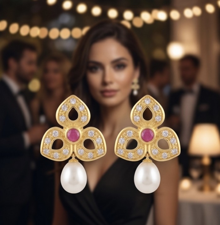 Magnificent Jewel 4.5 carat Ruby 14K Gold over .925 Sterling Silver handcrafted incredible earrings - Elegant earrings with rubies and pearls, worn at a formal event.