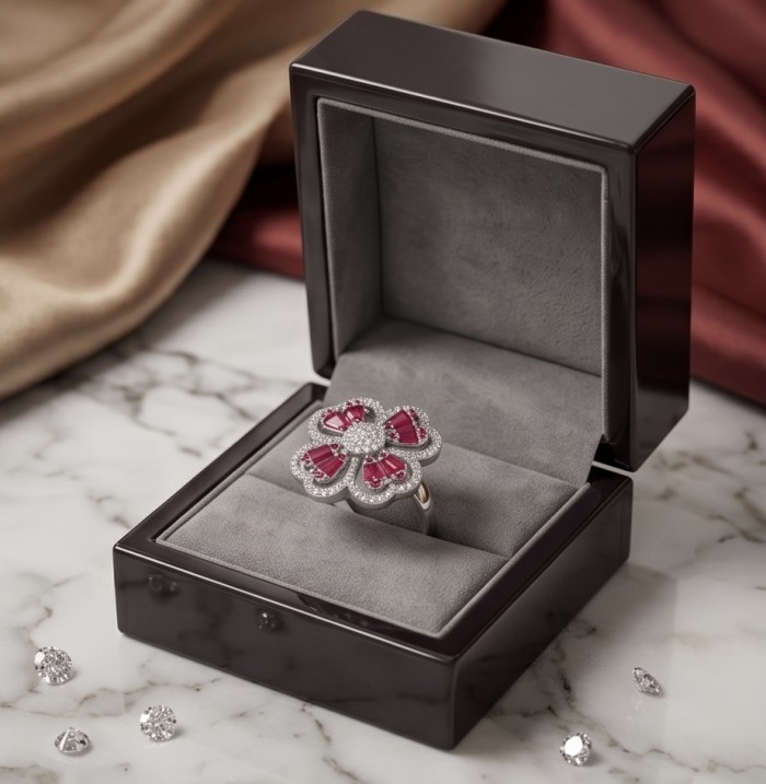 Art Deco 8.6 ctw Ruby .925 Sterling Silver handcrafted Statement Ring size 7 - Top view of Art Deco ruby ring in an open jewelry box