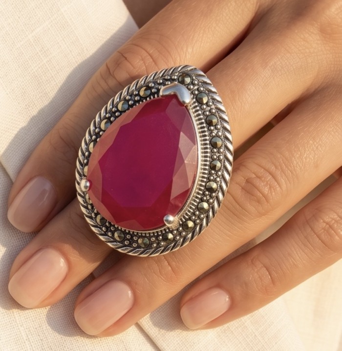 Carmen Natural 18.4 carat Ruby .925 Sterling Silver handmade Large Statement Ring size 8 - Ruby ring with intricate silver setting worn on hand
