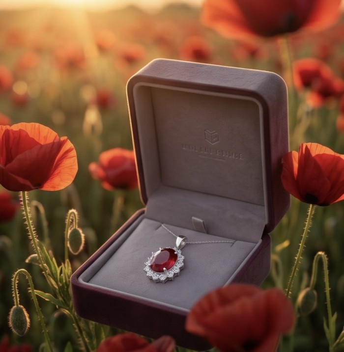 Authentic 17.5 CARAT Kasmir Ruby .925 Sterling Silver handcrafted Pendant - Ruby necklace in velvet box, surrounded by poppy flowers at sunset.