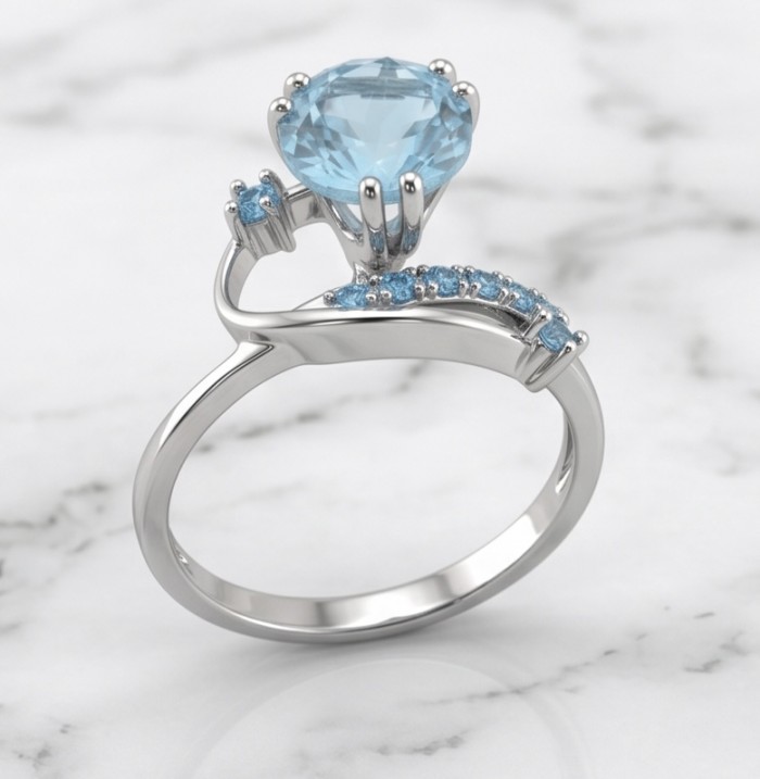Atlantica 4.8 carat Swiss Blue Topaz .925 Sterling Silver dipped in rhodium handcrafted ring size 7 - Side view of Atlantica Swiss Blue Topaz ring in sterling silver.