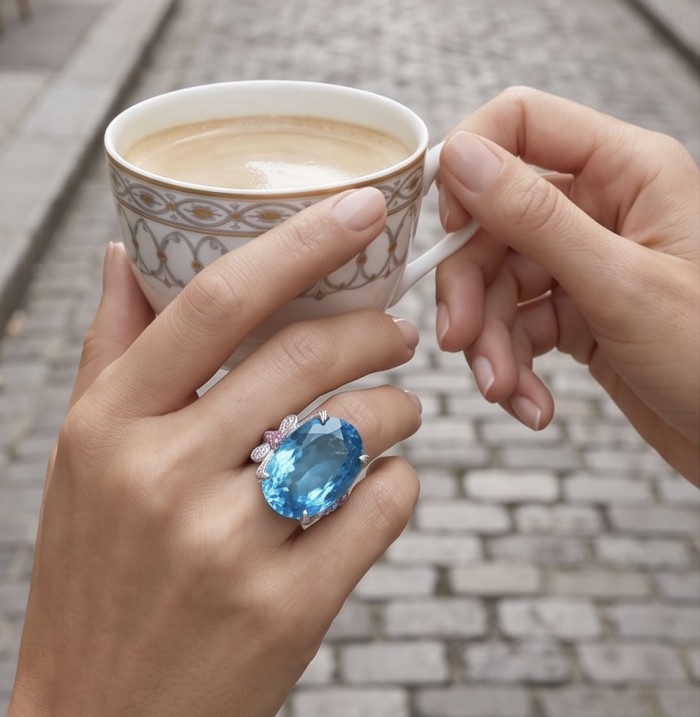 Pacifica - Authentic 30.8 carat Swiss Blue Topaz Rhodium over .925 Sterling Silver handcrafted Large Statement ring size 6 - Swiss Blue Topaz ring worn on hand holding a coffee cup.