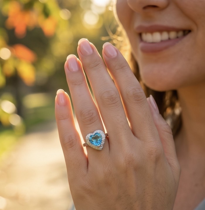 Venus's Heart 8.8 carat Swiss Blue Topaz .925 Sterling Silver dipped in rhodium handcrafted ring size 7 - Close-up of Venus's Heart ring worn, showing 8.8 carat blue topaz stone.