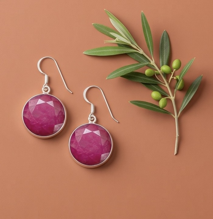 Born to Glam uthentic 15.2 carat Ruby .925 Sterling Silver handcrafted earrings - Ruby earrings on display with greenery, front view, sterling silver hooks.