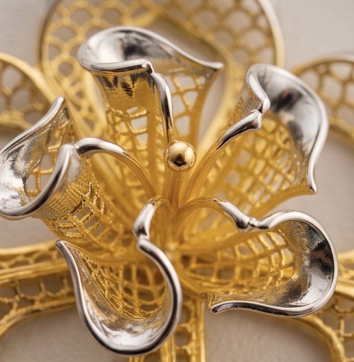 Dubai Style - Golden Rose .925 Sterling Silver dipped in 22K Gold handmade Pendant - Close-up of golden rose jewelry, sterling silver with 22k gold details