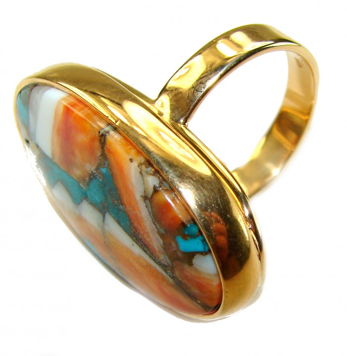 Rare 29.5 carat Oyster Turquoise 18K Gold over .925 Sterling Silver handcrafted Large ring; s. 7 adjustable - Side view of rare Oyster Turquoise ring in 18K gold over silver.
