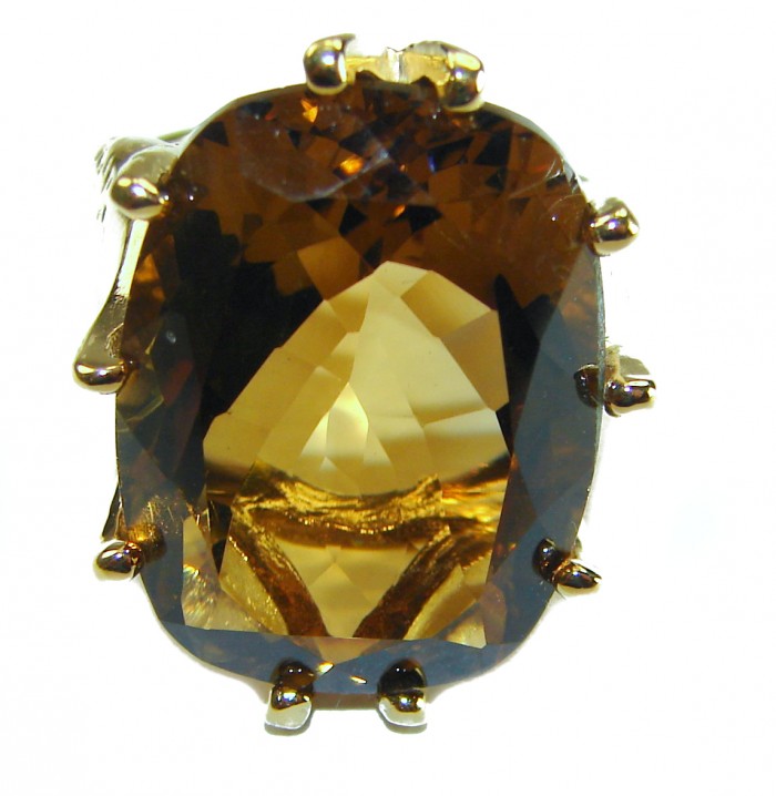 Celestial peace 14.5 carat Champagne Smoky Topaz 14K Gold over .925 Sterling Silver HUGE Ring size 7 - Stone close-up of 14.5 carat Champagne Smoky Topaz in 14K Gold setting