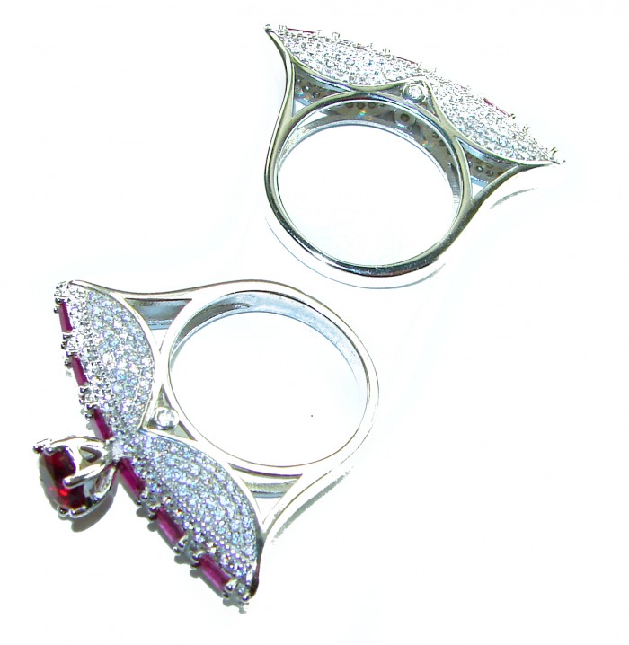 Extravaganza Large Ruby .925 Sterling Silver brilliantly handcrafted stack up ring s. 6 3/4 - Side view of large ruby ring with .925 sterling silver and pavé details.