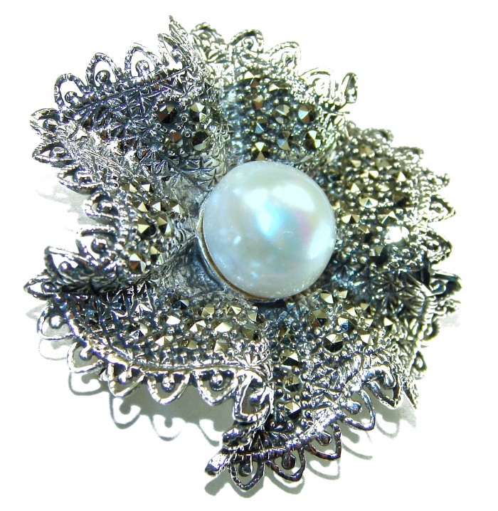 Genuine white Pearl Marcasite .925 Sterling Silver handcrafted Brooch - Close-up of genuine white pearl and marcasite sterling silver brooch.