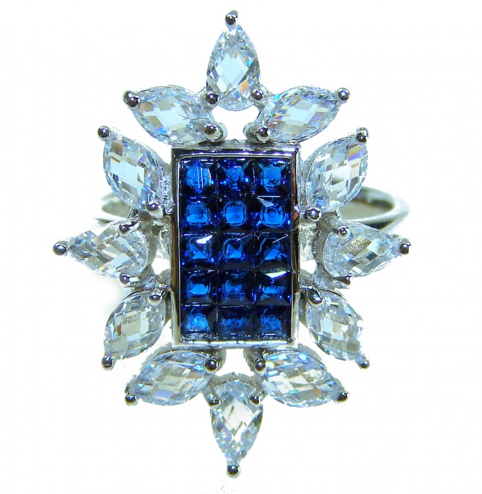Art Deco - Precious Sapphire - authentic 22.2 carat Sapphire .925 Sterling Silver Eternity Ring size 7 1/2 - Front view of Art Deco ring with 22.2 carat sapphire and clear stones.