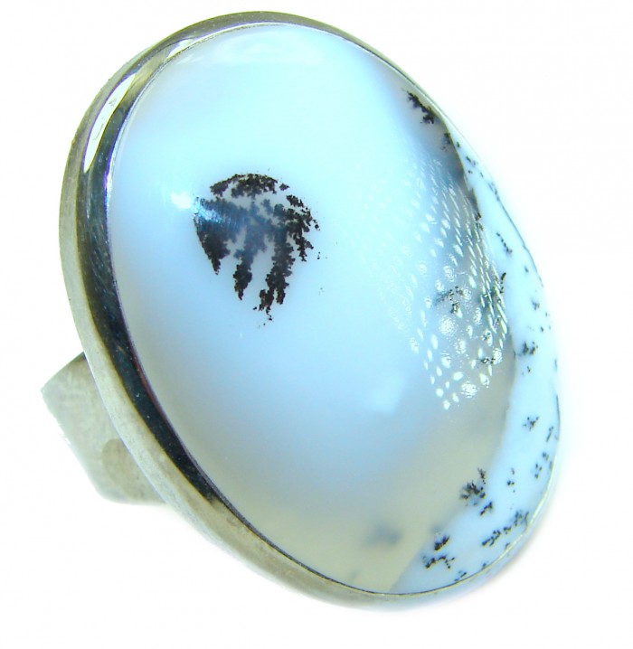 LARGE Top Quality Dendritic Agate .925 Sterling Silver handcrafted Ring s. 9 3/4 - Close-up of dendritic agate ring set in .925 sterling silver.