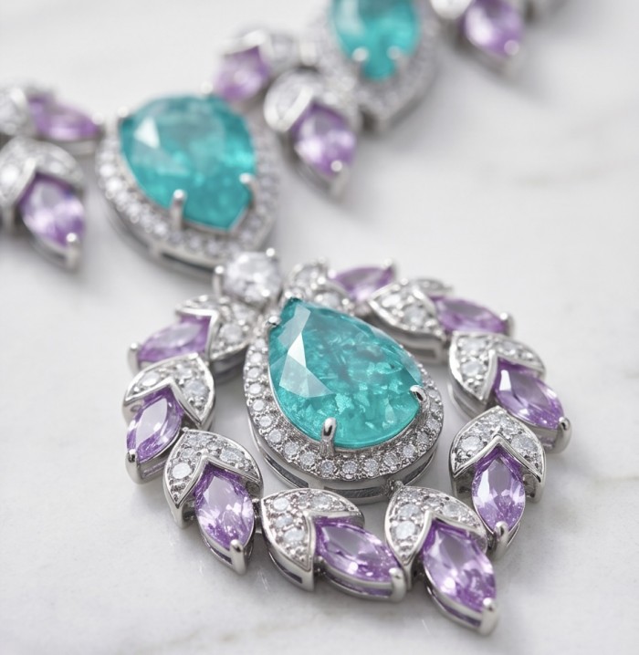 Wonderland 95.8 carat Paraiba Tourmaline rhodium over .925 Sterling Silver Handcrafted Statement necklace - Close-up of Paraiba Tourmaline jewelry with purple accents