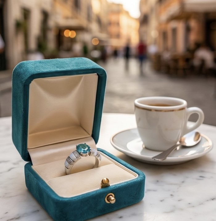 Wonderland 3.1 carat Paraiba Tourmaline .925 Sterling Silver Handcrafted Ring size 7 1/2 - Paraiba Tourmaline ring in box with coffee cup, outdoor view