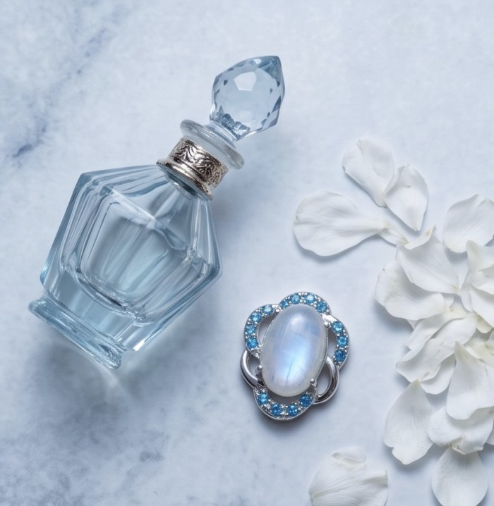 Genuine 7.2 carat Fire Moonstone .925 Sterling Silver handcrafted pendant - Perfume bottle with Fire Moonstone ring and petals on a marble background.