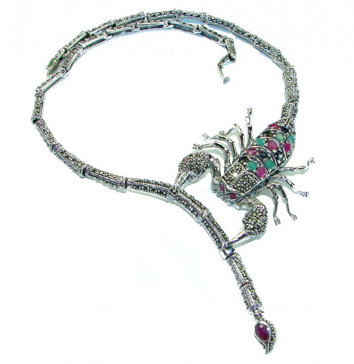 Large SCORPIO Genuine Ruby Emerald Marcasite .925 Sterling Silver handmade handcrafted Necklace - photo 2