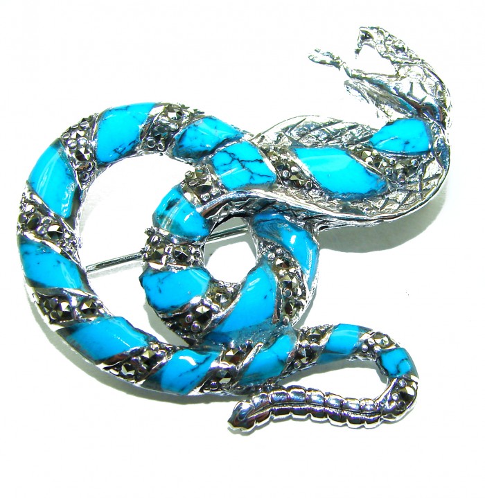 Cobra Snake inlay Turquoise .925 Sterling Silver handcrafted Brooch - Blue cobra brooch with turquoise inlay, top view.