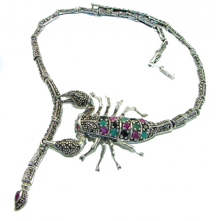 Large SCORPIO Genuine Ruby Emerald Marcasite .925 Sterling Silver handmade handcrafted Necklace - Scorpion-shaped necklace with rubies and emeralds, angled view.