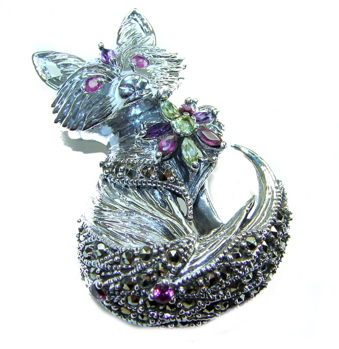 Fox - Natural Ruby .925 Sterling Silver handmade Pendant Brooch - Fox-shaped pendant with rubies, side view, sterling silver detailing