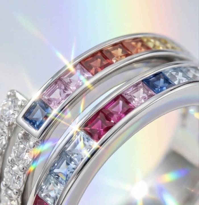 My own Rainbow - authentic 8.7 carat multigem .925 Sterling Silver Eternity Ring size 7 - Close-up of multigem rainbow ring with sparkling stones.