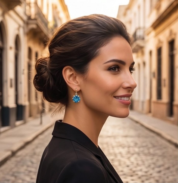 Atlantica 6.8 carat Swiss Blue Topaz 22K Gold over .925 Sterling Silver Handcrafted Statement earrings - Side view of woman wearing Atlantica Swiss Blue Topaz earrings