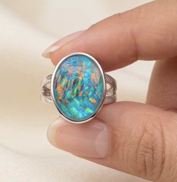 Endless Ocean Genuine 17.5 carat doublet Australian Opal .925 Sterling Silver handmade Ring size 6 1/4 - Close-up of Endless Ocean doublet Australian opal ring in hand.