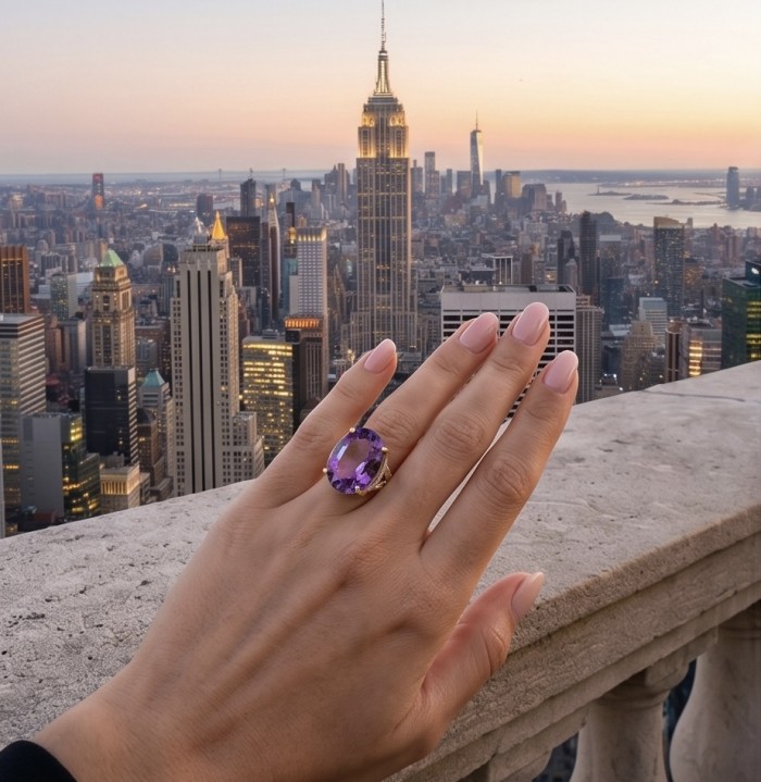 Empress of Uruguay 32.2 carat natural Amethyst .925 Sterling Silver dipped in 22K Gold Handcrafted Ring size 7 3/4 - Amethyst ring worn on hand, New York City skyline in the background.