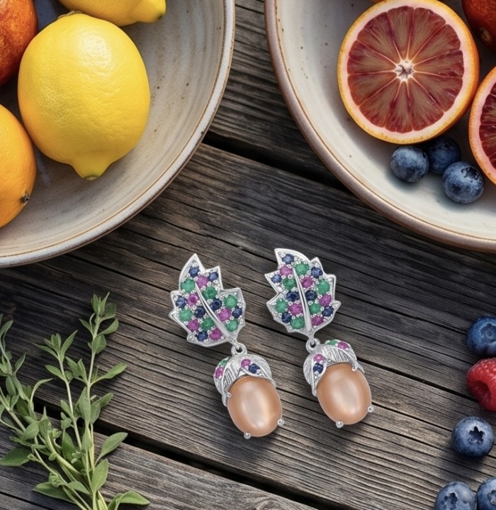 Giovanna 18.2 carat Golden Sapphire .925 Sterling Silver dipped in rhodium Statement Earrings - Earrings with colorful stones, top view, near fruits on wooden table.