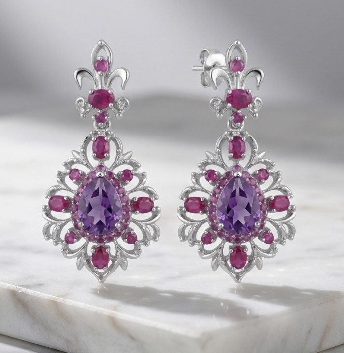 Francesca Genuine 22.7 carat Amethyst Kashmir Ruby rhodium over .925 Sterling Silver handcrafted earrings - Front view of Francesca Amethyst and Kashmir Ruby earrings on marble surface.
