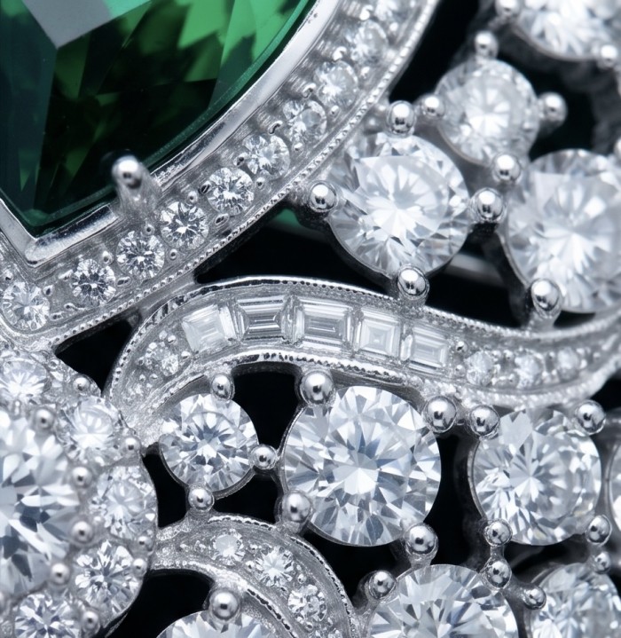 Heirloom Genuine 18.5 carat Colombian Emerald .925 Sterling Silver handmade Pendant - Brooch - Close-up of Heirloom Colombian Emerald and diamond accents in .925 silver.