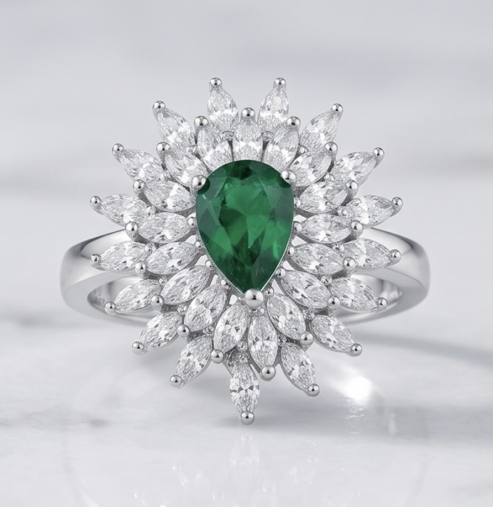 Luxurious 4.2 carat Colombian Emerald .925 Sterling Silver dipped in Rhodium handcrafted Ring size 8 1/4 - Emerald ring with diamond accents, top view detailed close-up.