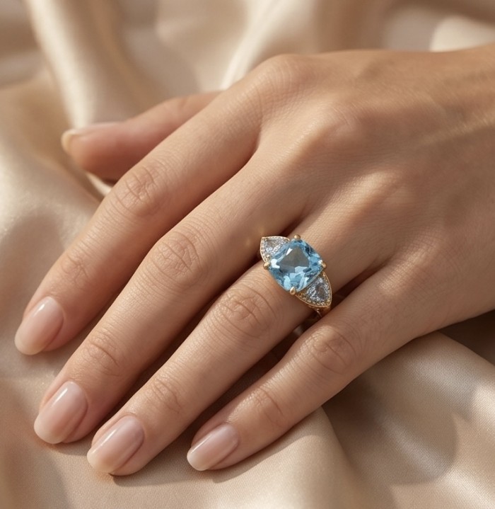 Atlantica 29.4 carat fancy assher cut Swiss Blue Topaz 18K Gold over .925 Sterling Silver handcrafted ring size 7 1/4 - Swiss Blue Topaz ring on hand, showing stone and detail.