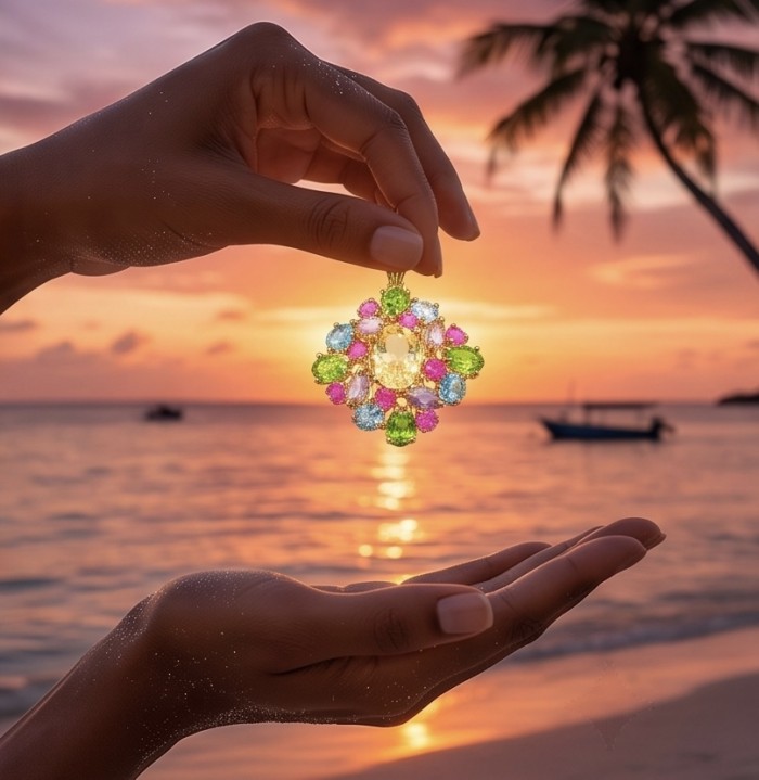 Costa del Sol 18.8 carat Citrine 18K Gold over .925 Sterling Silver handcrafted Statement pendant - Hand holding Costa del Sol citrine pendant at sunset by the ocean.