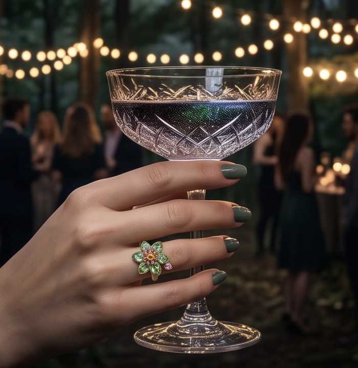 Summer flower 6.5 carat genuine Green Topaz 14K Gold over .925 Sterling Silver handmade Statement Ring size 8 - Summer flower ring with green topaz worn on hand, holding a glass.