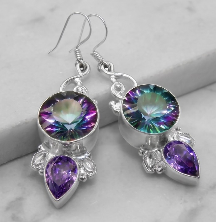 14.2 carat Mystic Topaz Silver earrings - Mystic Topaz Silver earrings, close-up showing colorful stones.