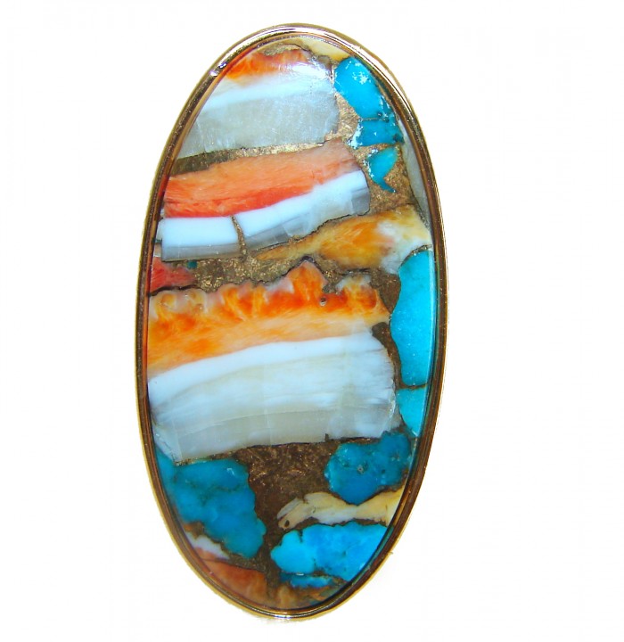 Rare 29.5 carat Oyster Turquoise 18K Gold over .925 Sterling Silver handcrafted Large ring; s. 7 adjustable - Stone close-up of rare 29.5 carat Oyster Turquoise ring.