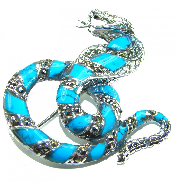Cobra Snake inlay Turquoise .925 Sterling Silver handcrafted Brooch - Cobra snake brooch, turquoise inlay, sterling silver detail close-up.