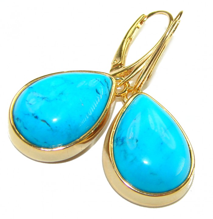 Great authentic Sleeping Beauty Turquoise 18K Gold over .925 Sterling Silver handcrafted Earrings - Close-up of Sleeping Beauty Turquoise earrings in gold settings.