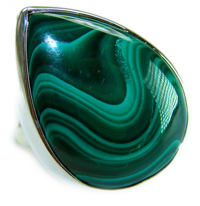 Amazonia 37.5 CARAT genuine Malachite from Ural .925 Sterling Silver handcrafted ring size 7 adjustable - Malachite ring close-up showing stone detail and silver setting.