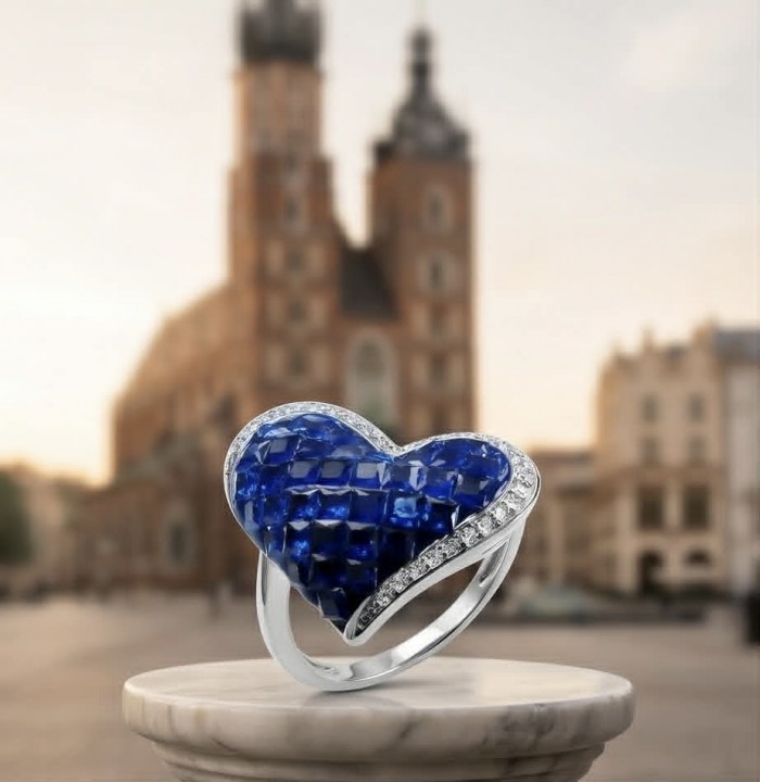 Pure Heart 12.2 carat natural Sapphire .925 Sterling Silver Perfectly handcrafted Ring s. 7 - Heart-shaped sapphire ring in close-up on marble stand, blurred city background.