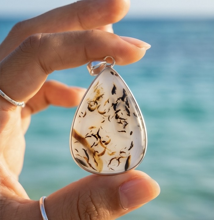 Deluxe 35.2 carat Scentic Agate .925 Sterling Silver handmade Pendant - Hand holding teardrop Scenic Agate pendant, ocean background
