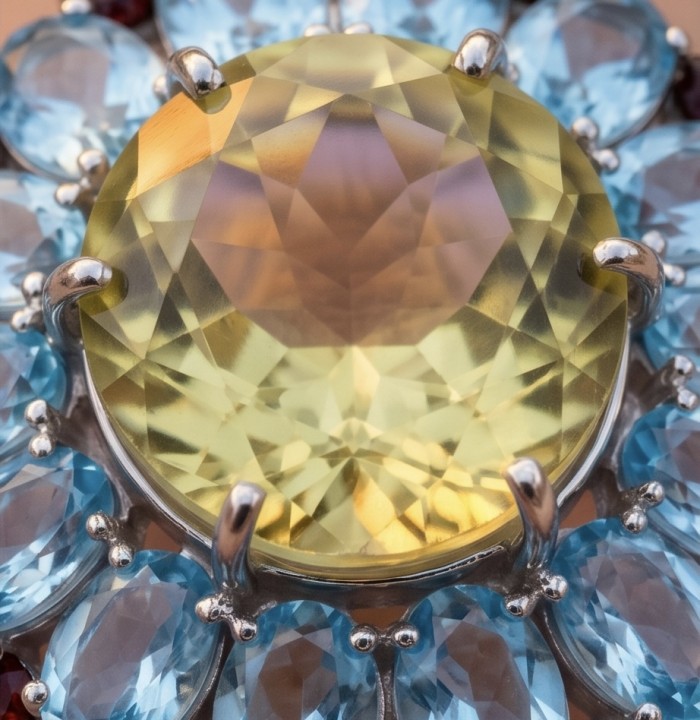 Vivien - Natural 25.8 carat pear cut BRAZILIAN Citrine Aquamarine .925 Sterling Silver dipped in 22K Gold handmade Statement Ring size 7 1/2 - Stone close-up of citrine and aqua gemstones in silver prong setting.